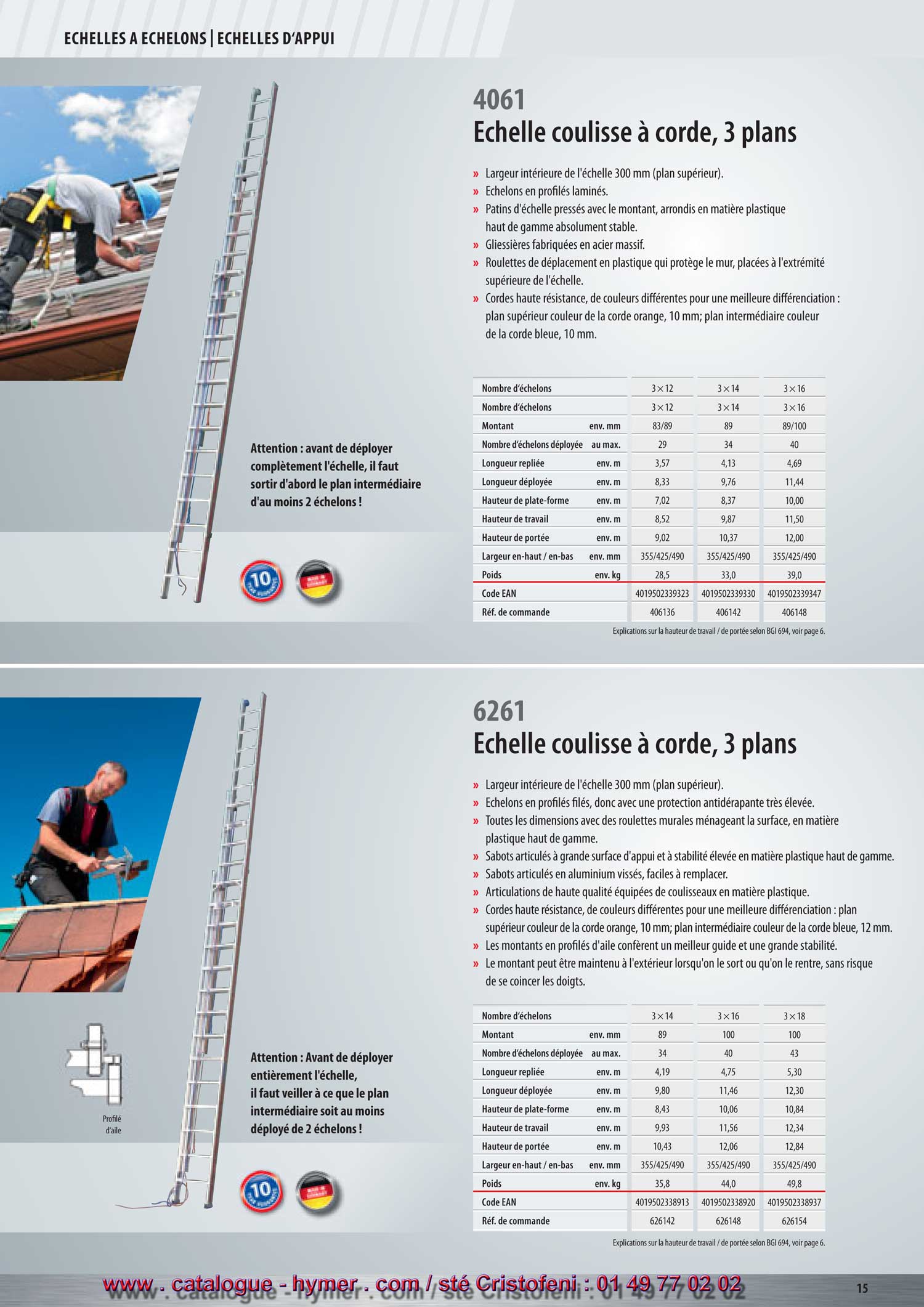 ECHELLES A ECHELONS SC 40 

chelle coulisse  corde, 3 plans 

 Montants en profils fils sans soudure  la forme ergonomique. 
 chelons en profils lamins. 
 Sabots de l'chelle presss avec le montant, arrondis en matire plastique 
haut de gamme trs stable. 
 Articulations des glissires en acier massif. 
 Roulettes murales en matire plastique mnageant le mur  l'extrmit suprieure 
de l'chelle. 
 Largeur intrieure de 300 mm (chelle suprieure). 
 Balancier  encliquetage automatique grce au blocage par gravit. 
 Cordes  haute rigidit et trs maniables, de couleurs diffrentes pour une 
meilleure diffrenciation : 
-Coloris de la corde du plan suprieur : orange, 10 mm 
- Coloris de la corde du plan intermdiaire : bleu, 10 mm 
Avant de dployer entirement l'chelle , il faut veiller  ce que le plan intermdiaire 
soit au moins dploy de 2 chelons. 

Accessoires recommands : 

Vous trouverez dautres accessoires  partir de 
la page 152. 


S 


4061 
Vous trouverez dautres 
chelles coulisse  corde 
aux pages 14, 28, 29. 
5 ans de garantie ! 
Nombre dchelons 3x12 3x14 3x16 
Montant env. mm 83/89 89 89/100 
Nombre dchelons dploye au max. 2934 40 
Longueur replie env. m 3,57 4,13 4,69 
Longueur dploye env. m 8,33 9,76 11,44 
Hauteur de plate-forme env. m 7,02 8,37 10,00 
Hauteur de travail env. m 8,52 9,87 11,50 
Hauteur de porte env. m 9,02 10,37 12,00 
Largeur en-haut / en-bas env. mm 355/425/490 355/425/490 355/425/490 
Poids env. kg 28,5 33,0 39,0 